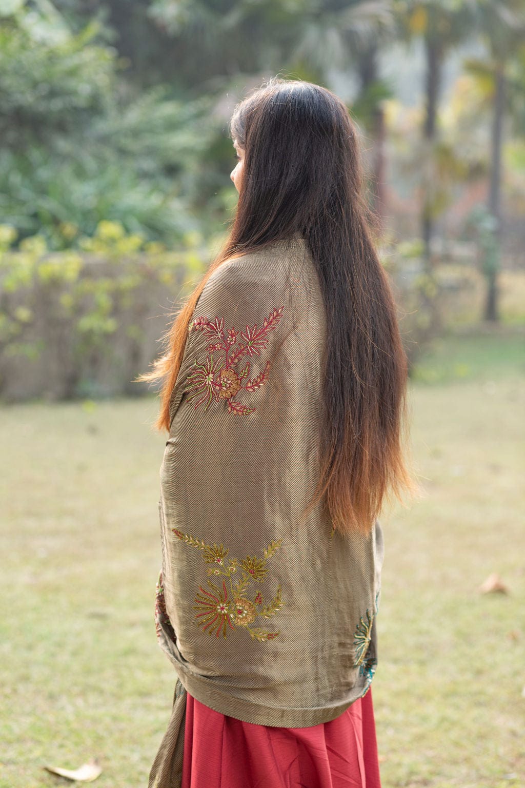 Black Gold Heavy Embroidered Dupatta with brick red suit