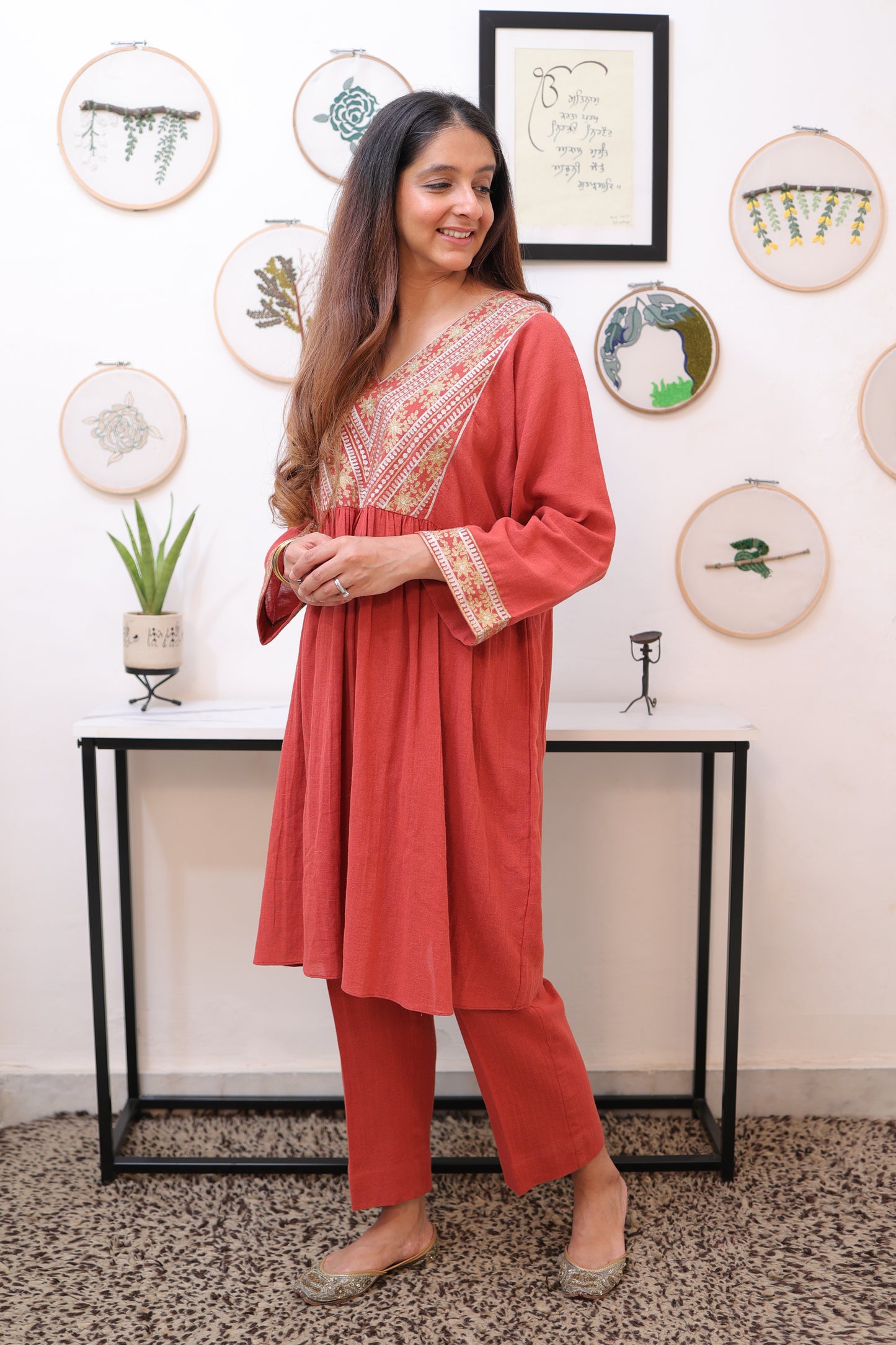 Rust Linen zari embroidered kurta and pants