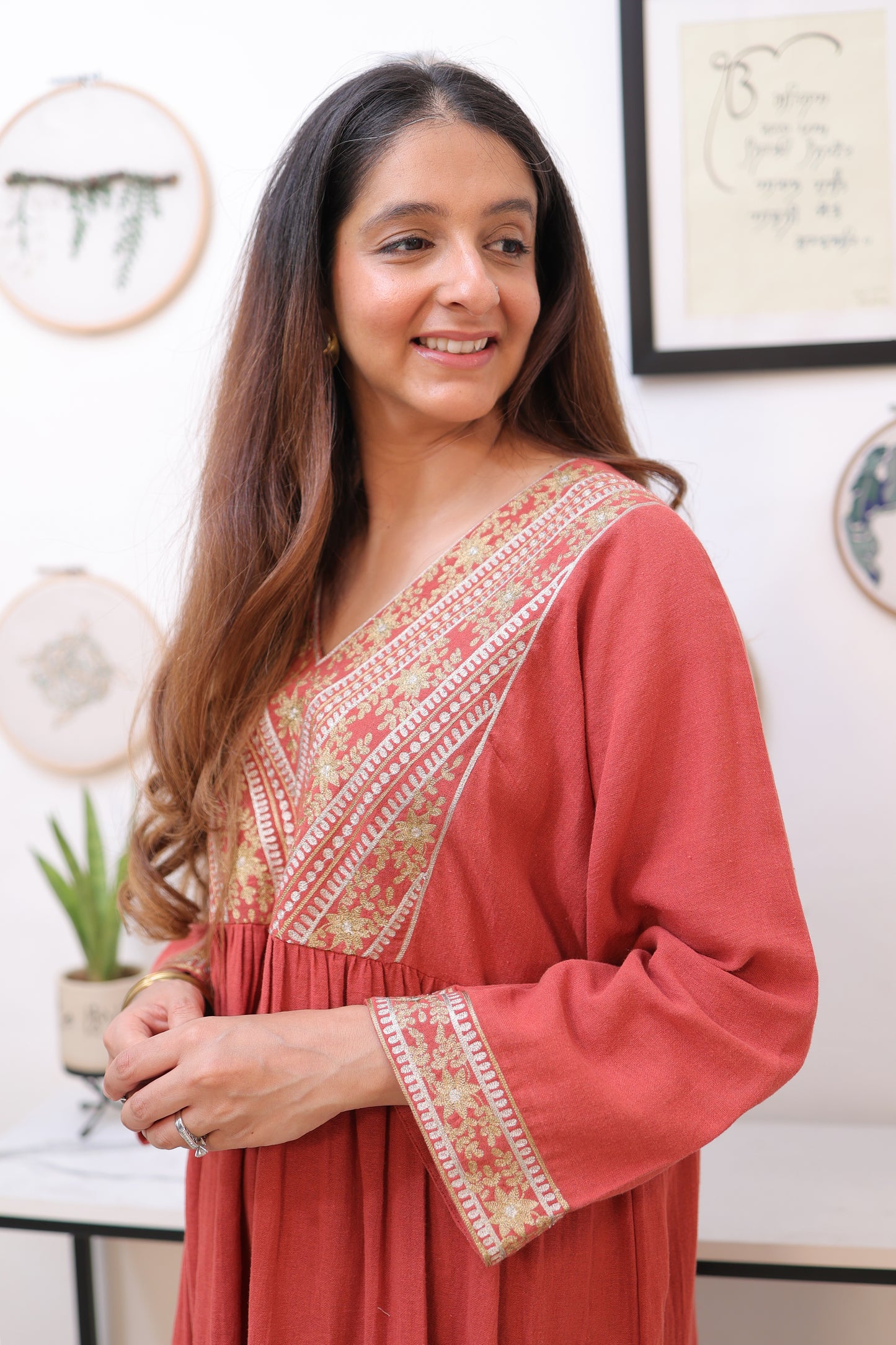 Rust Linen zari embroidered kurta and pants