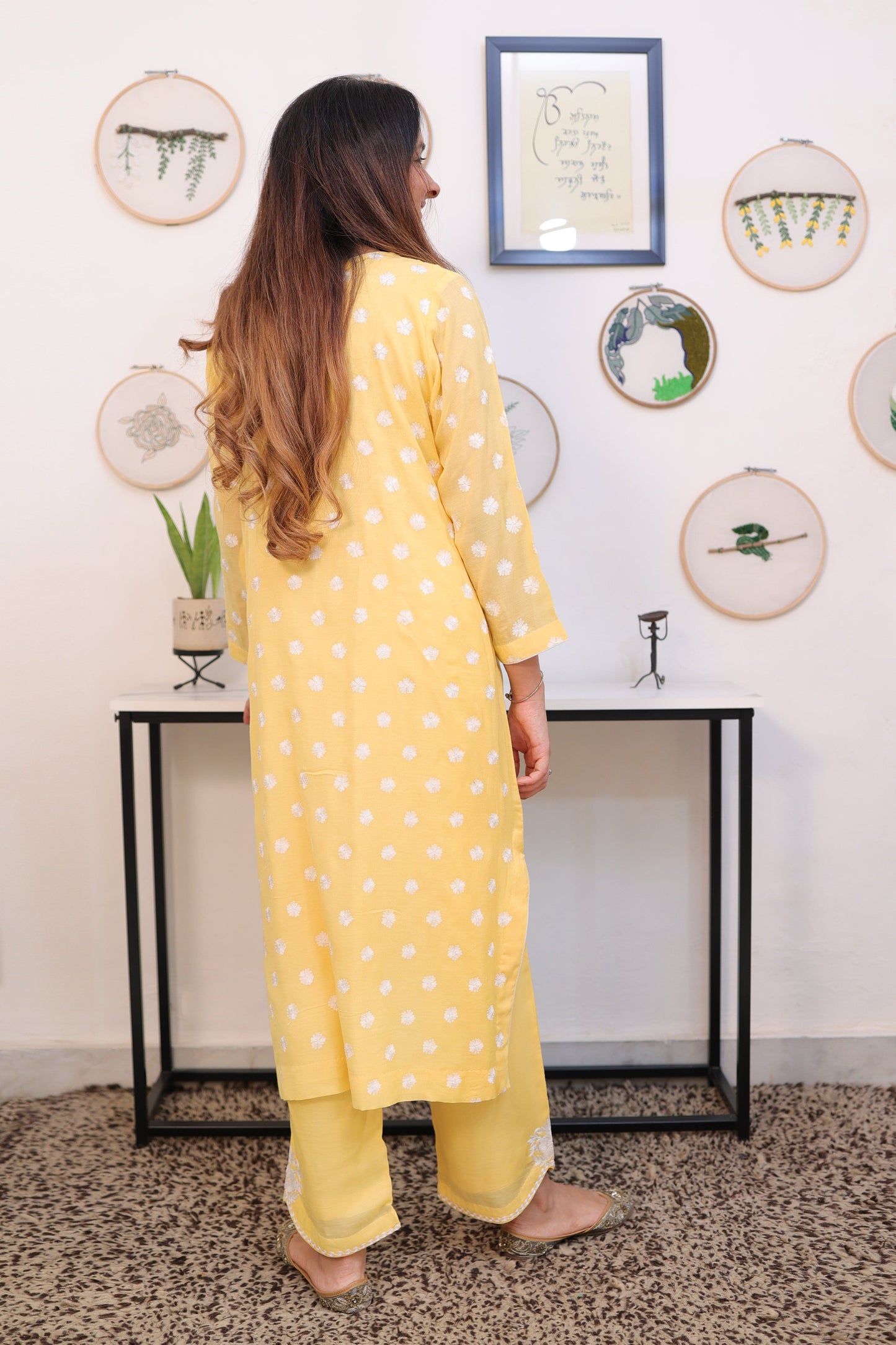 Yellow muslin suit with cream embroidery