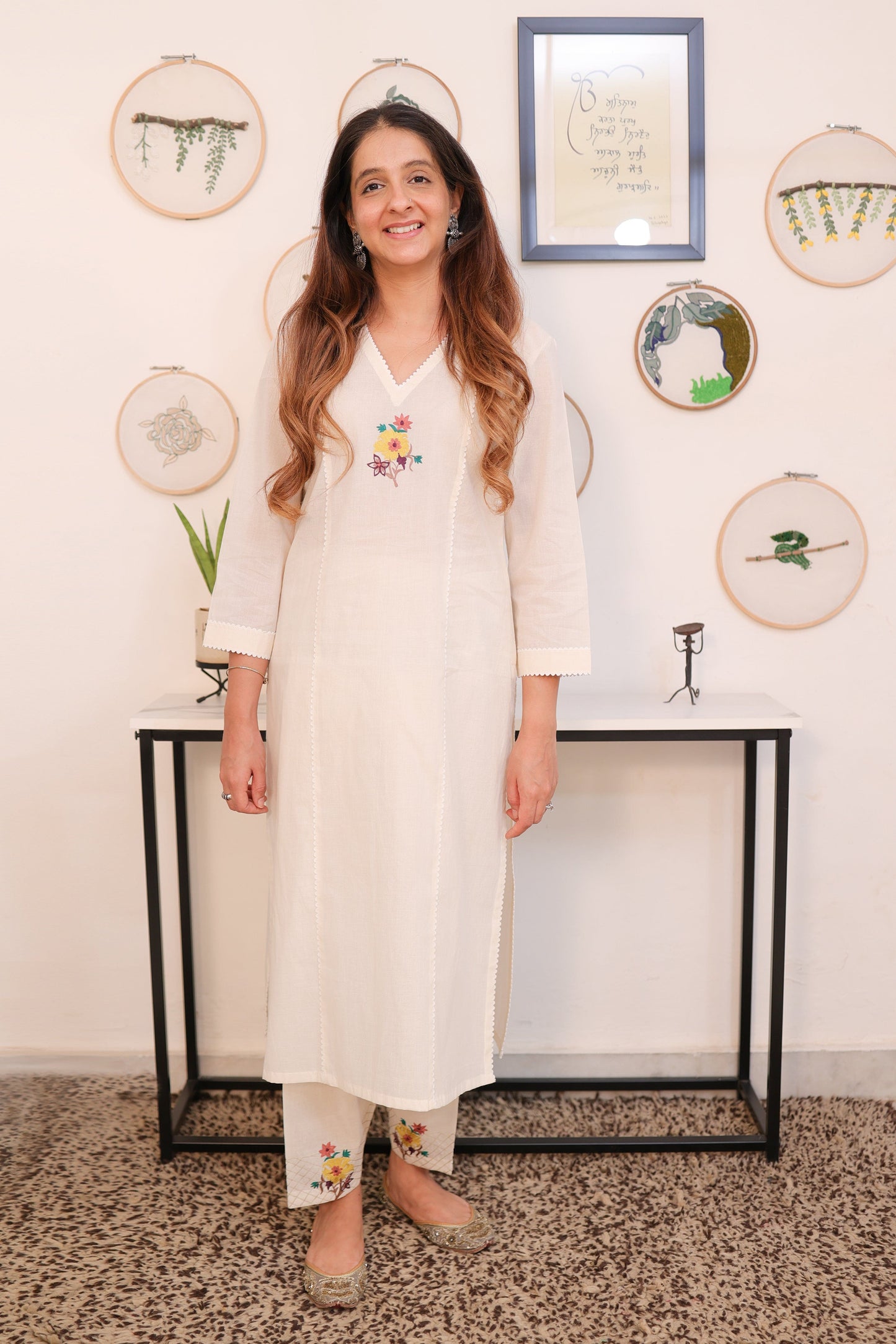 White multicoloured floral motif kurta and salwar