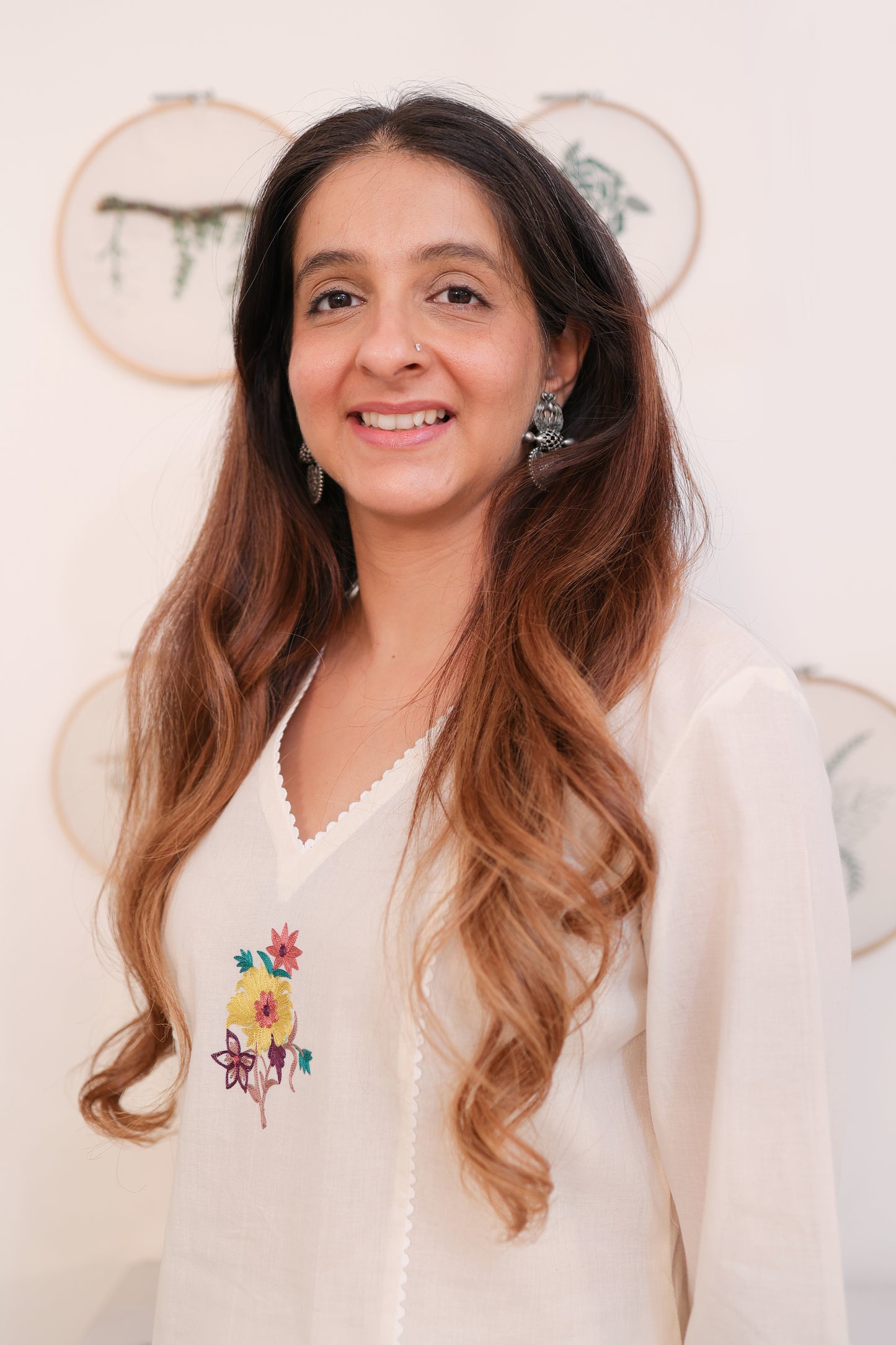 White multicoloured floral motif kurta and salwar