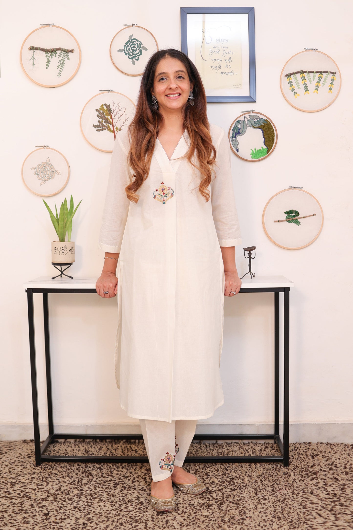 Peacock motif off-white suit