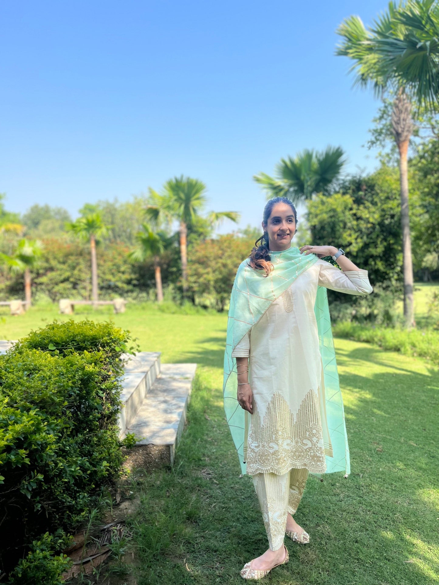 Gotta Embroidered Suit in cotton with mint dupatta