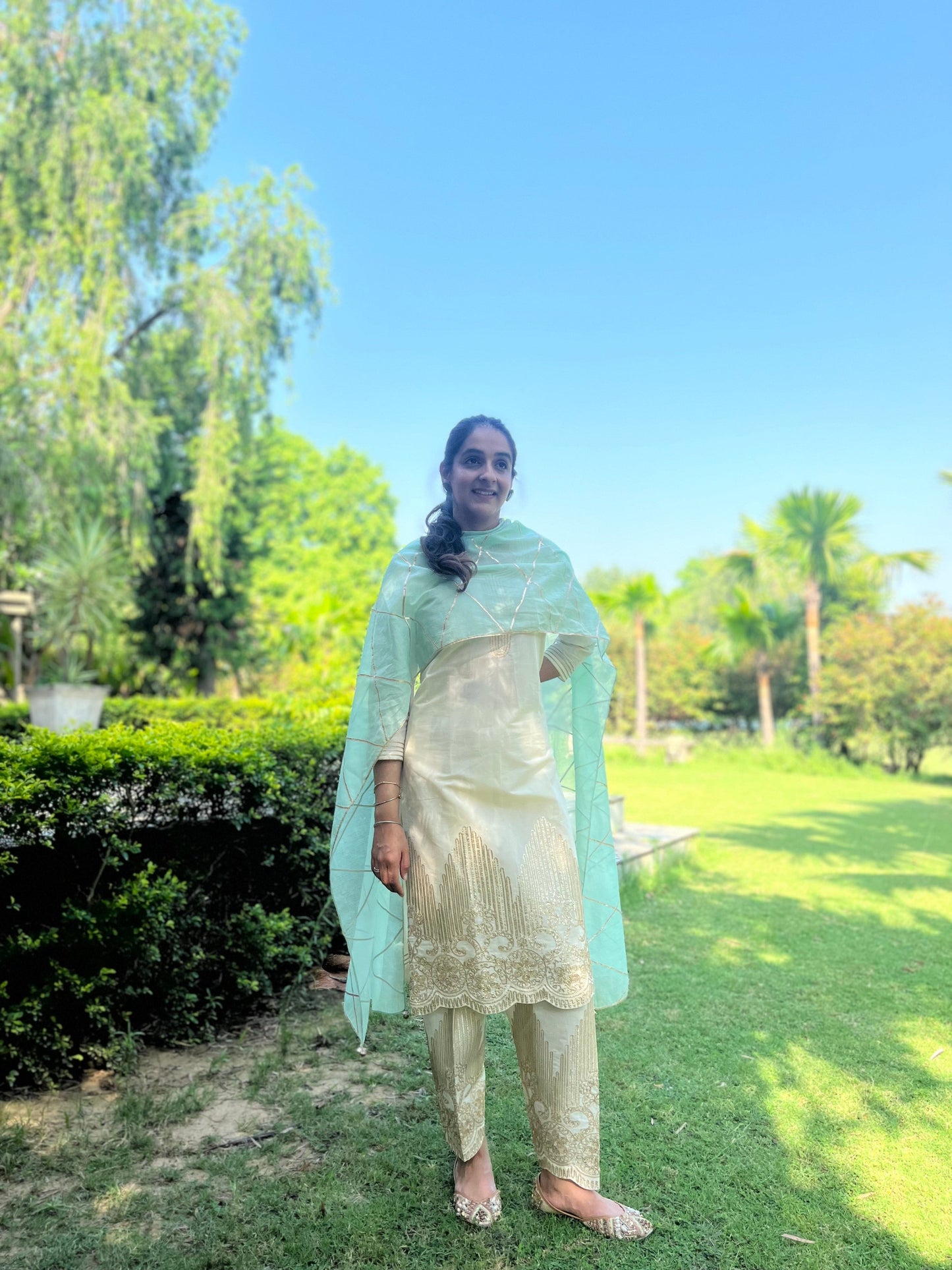 Gotta Embroidered Suit in cotton with mint dupatta
