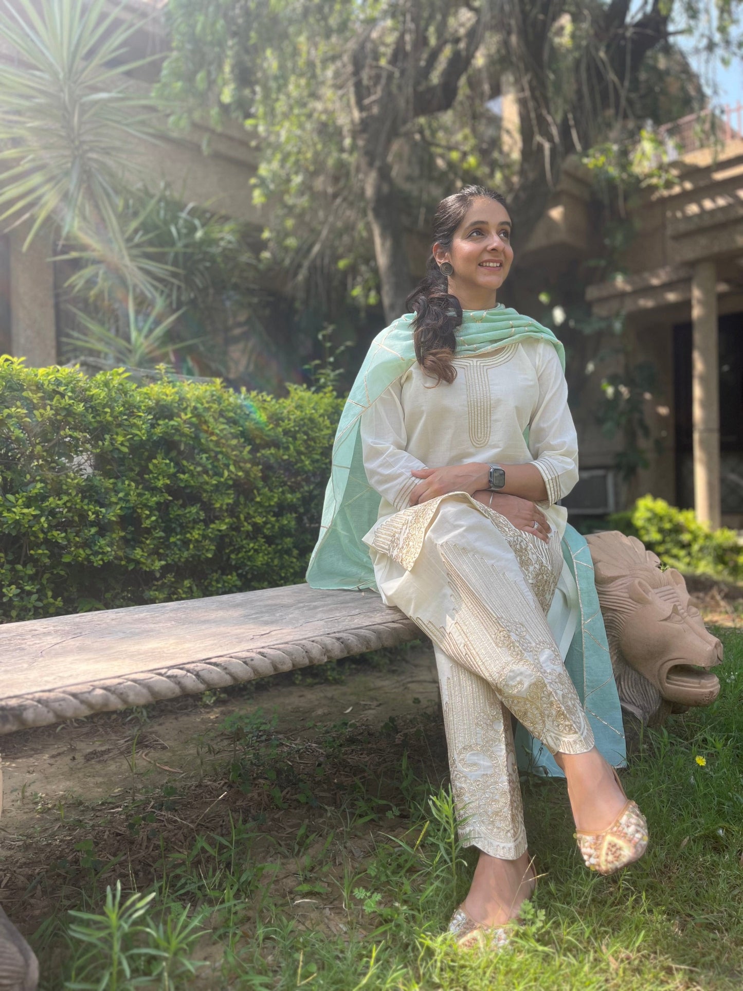 Gotta Embroidered Suit in cotton with mint dupatta