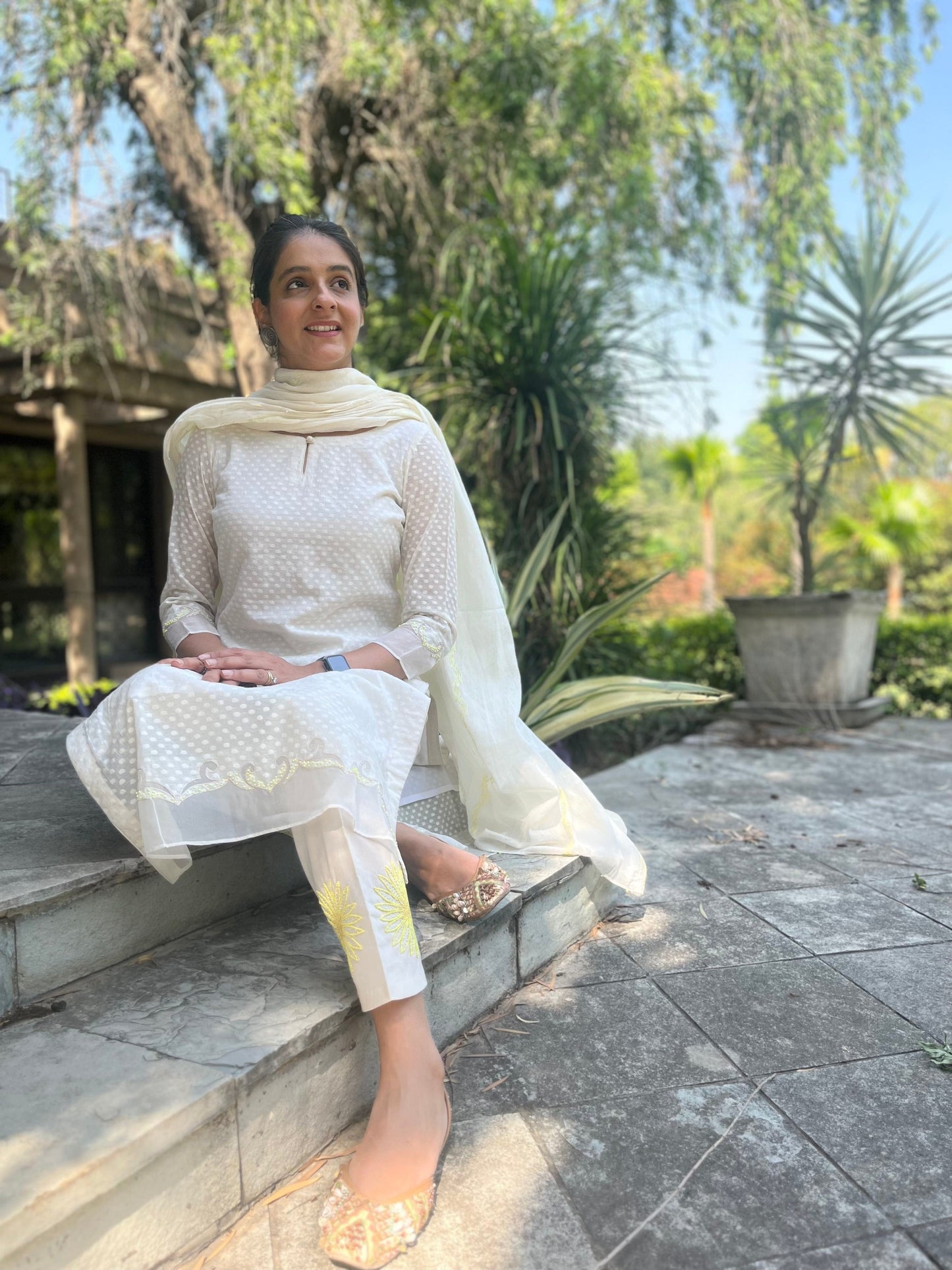 Cotton Jacquard Suit with Beads Embroidery