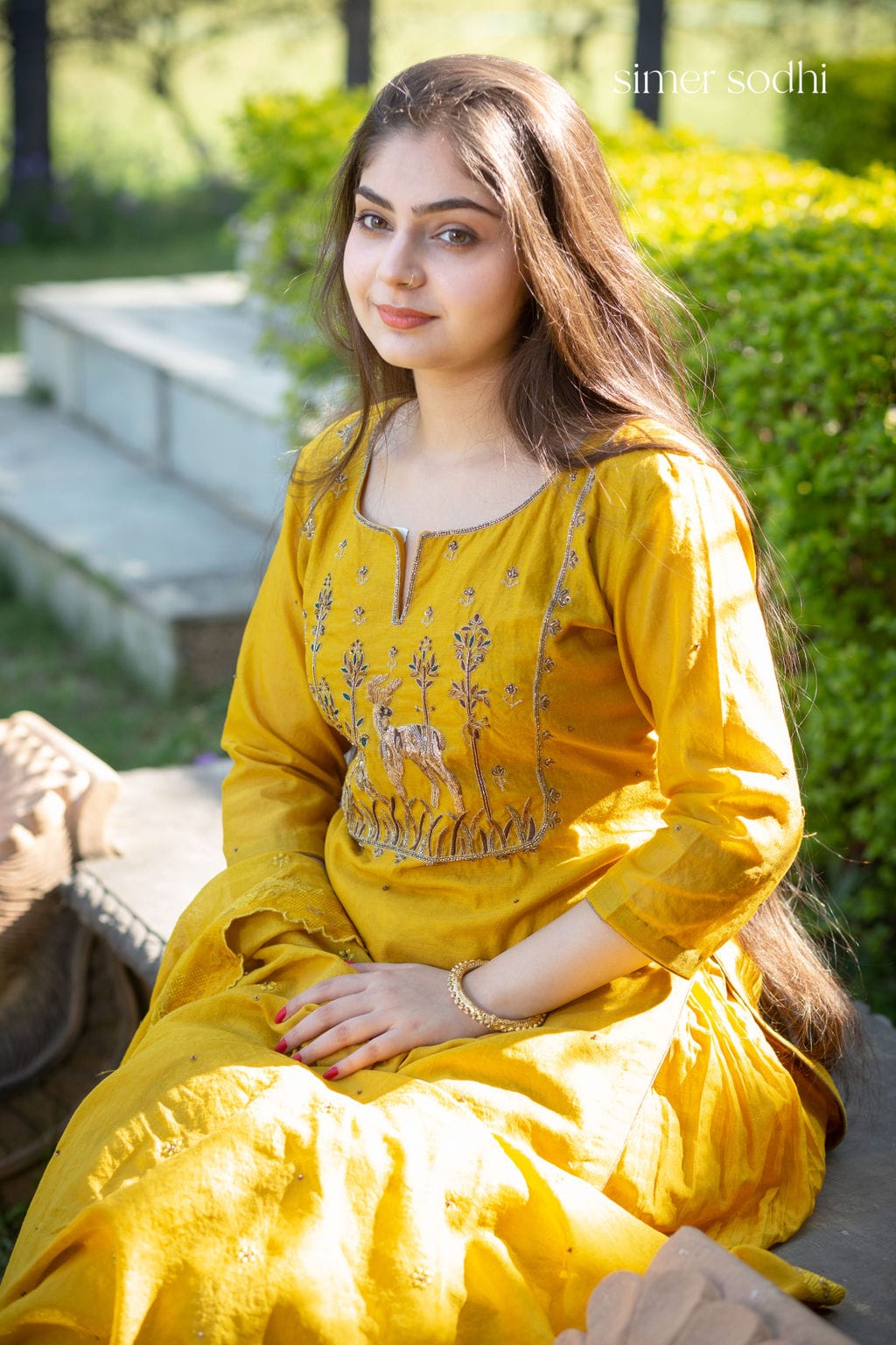 Mustard Deer Neck Embroidery Sharara Outfit