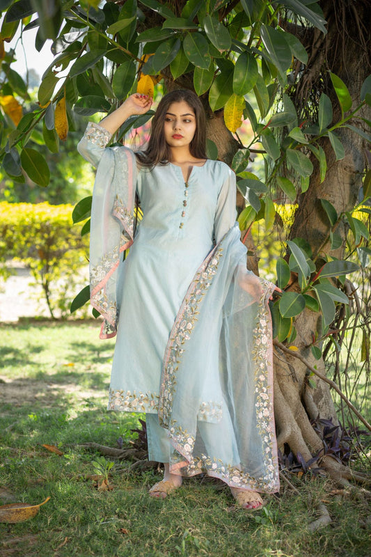 Powder Blue outfit with organza embroidered dupatta