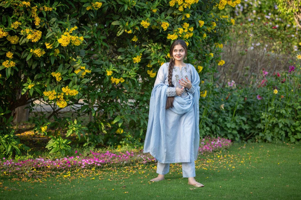 Powder Blue Neck Embroidery Outfit