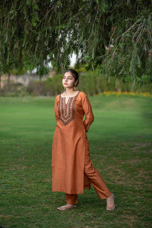 Rust Neck Embroidery Outfit