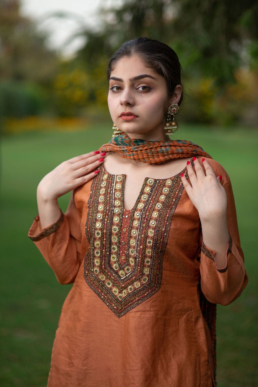Rust Neck Embroidery Outfit