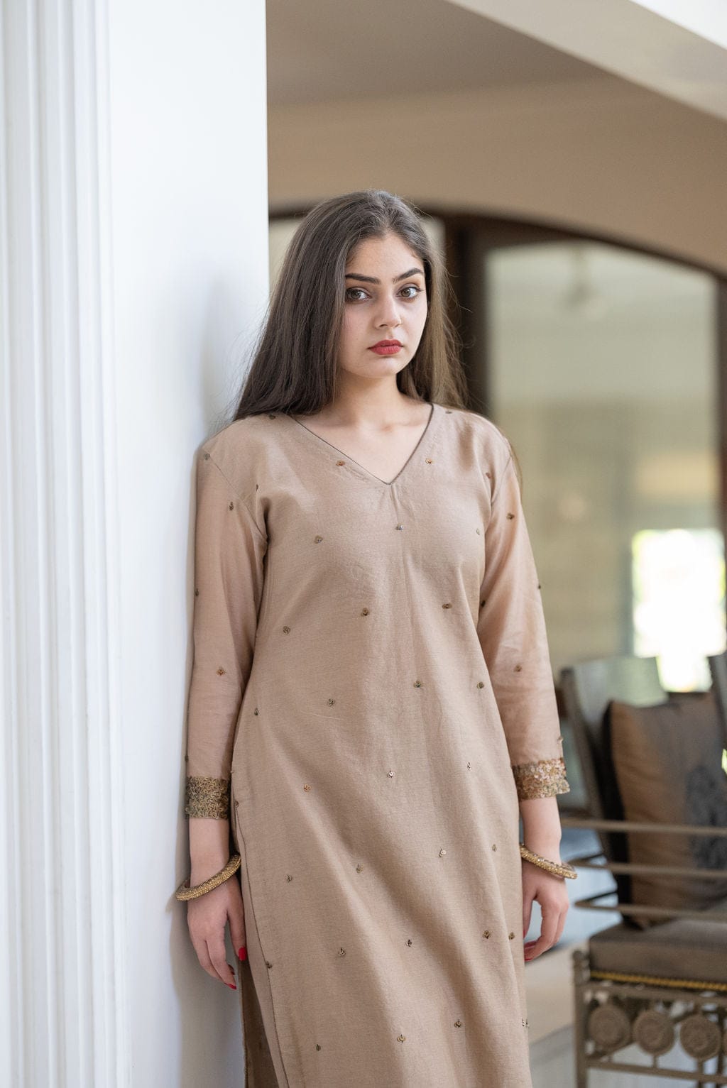 Beige Sequins Embroidery Outfit
