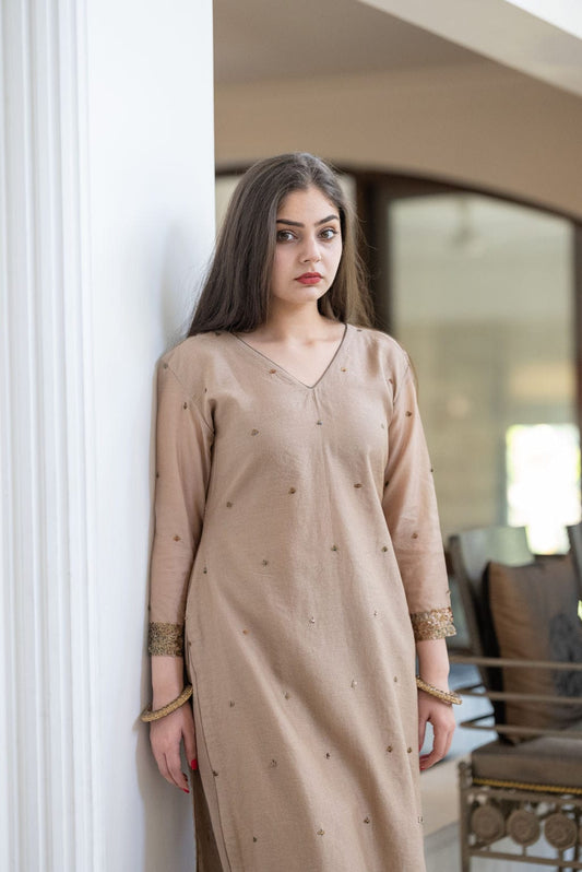 Beige Sequins Embroidery Outfit