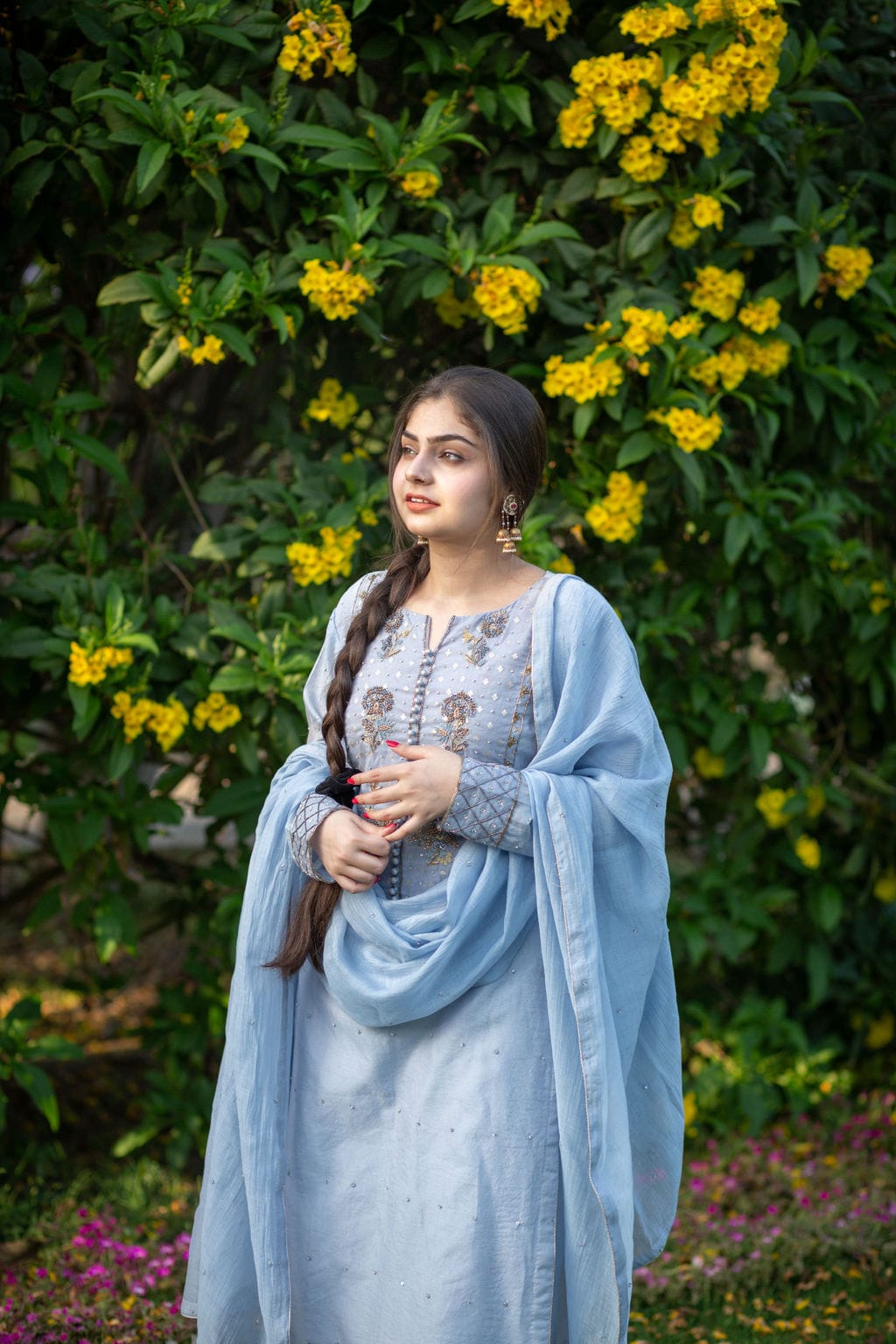 Powder Blue Neck Embroidery Outfit