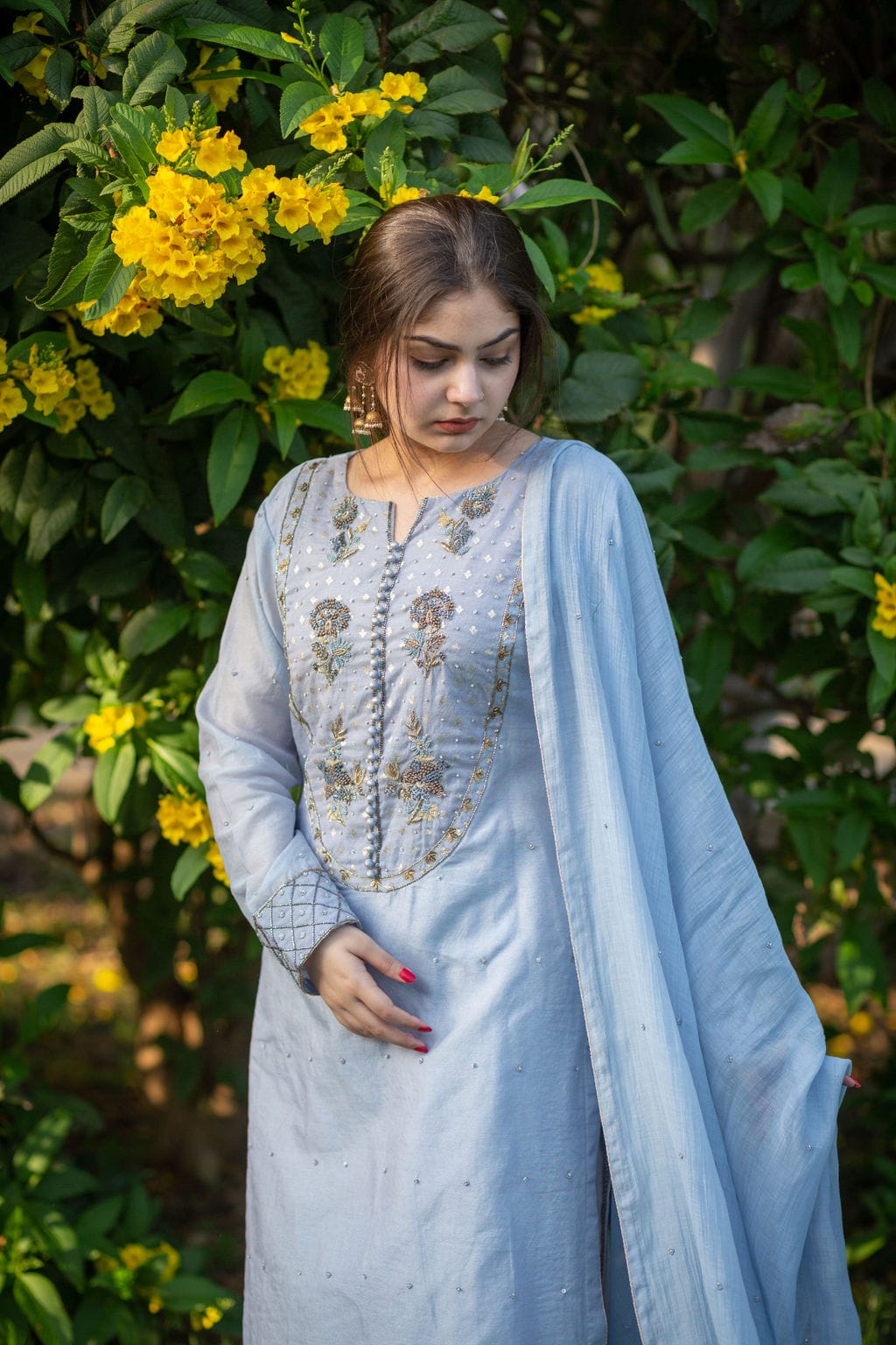 Powder Blue Neck Embroidery Outfit