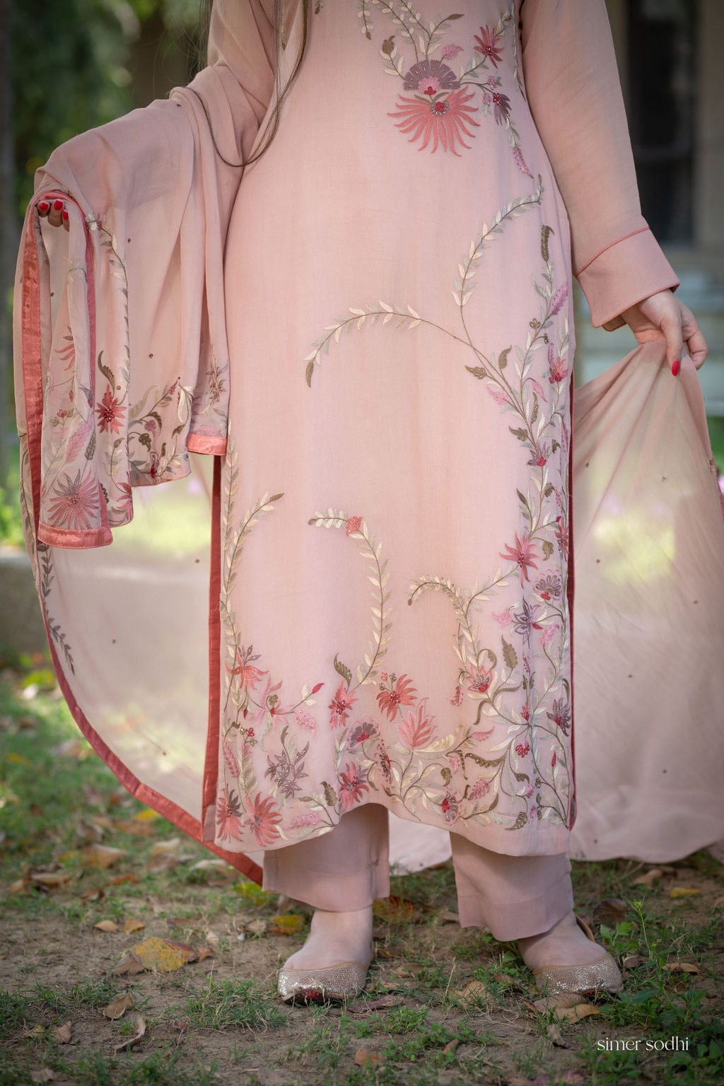 Pale Pink heavy front back embroidered suit with dupatta