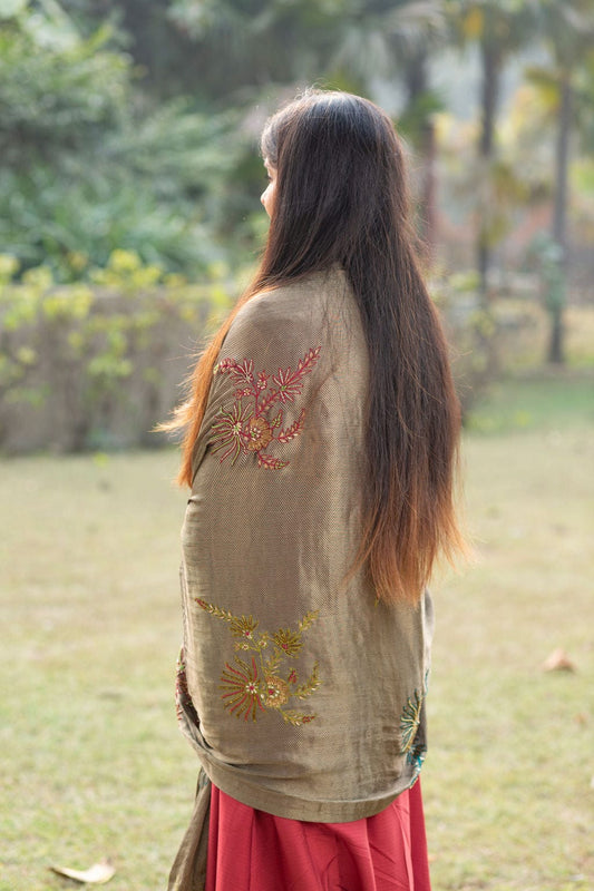 Black Gold Heavy Embroidered Dupatta with brick red suit
