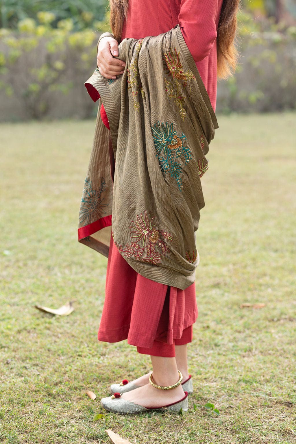 Black Gold Heavy Embroidered Dupatta with brick red suit