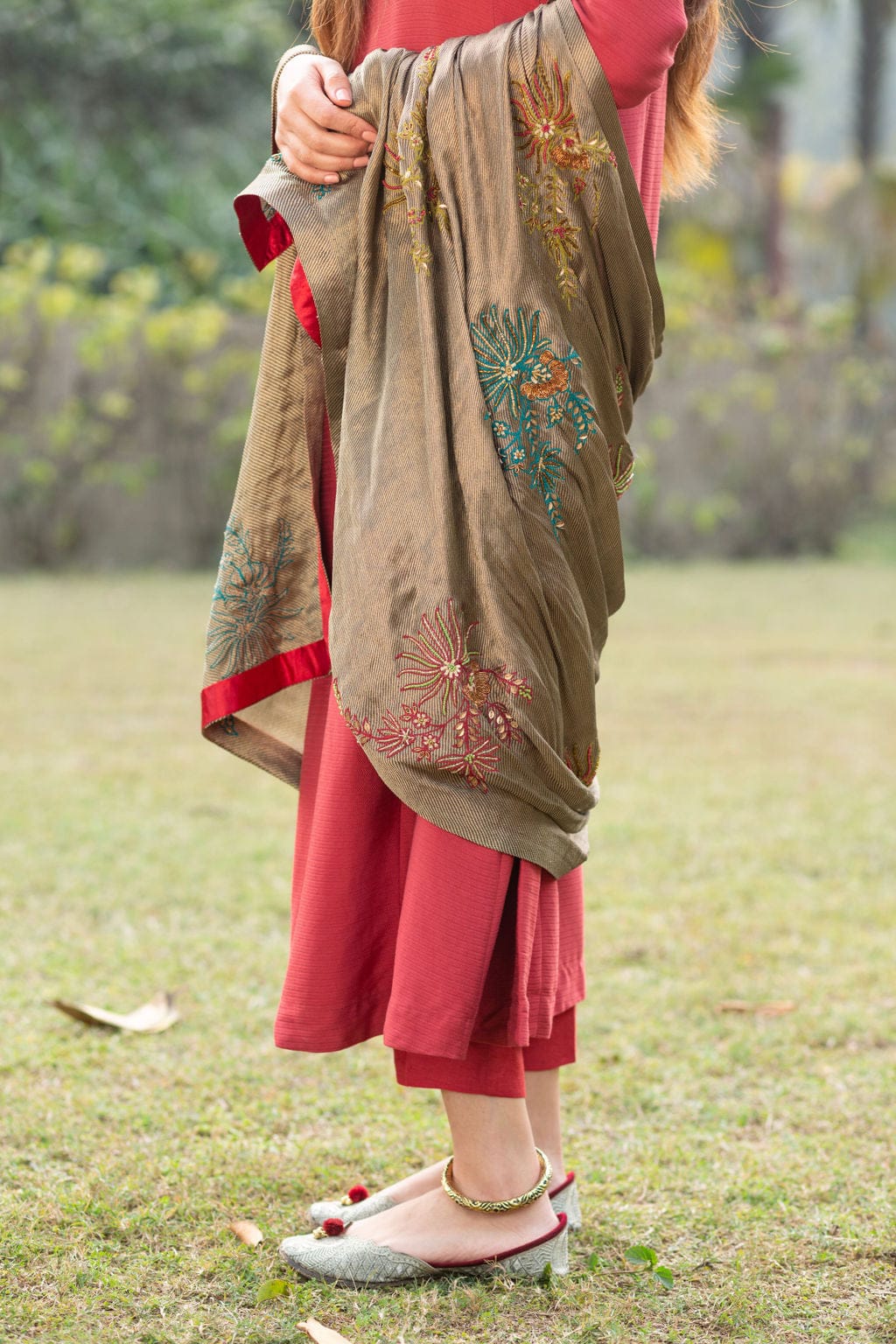 Black Gold Heavy Embroidered Dupatta with brick red suit
