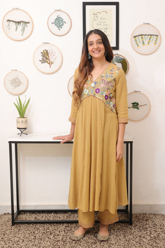 Mustard linen yoke embroidery outfit
