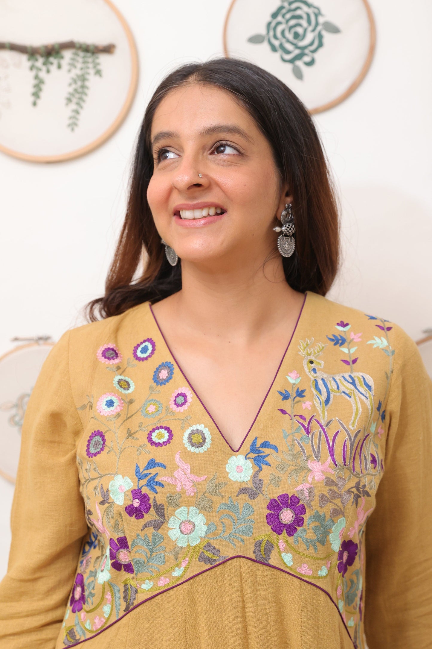 Mustard linen yoke embroidery outfit