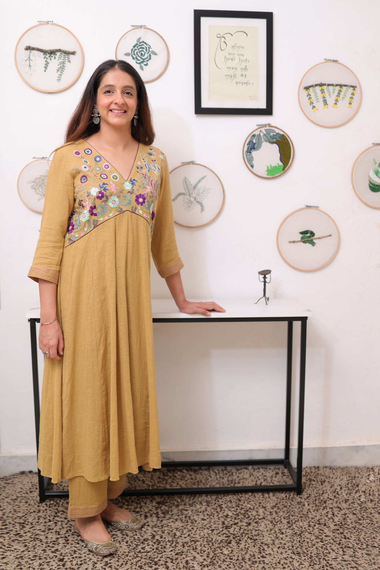 Mustard linen yoke embroidery outfit
