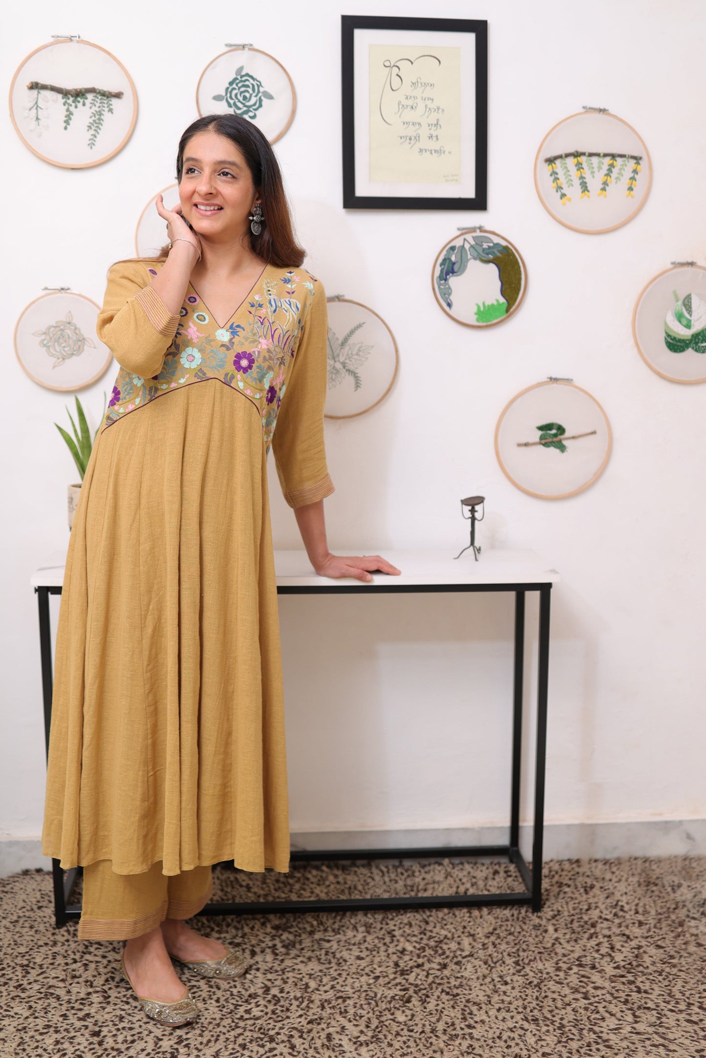 Mustard linen yoke embroidery outfit