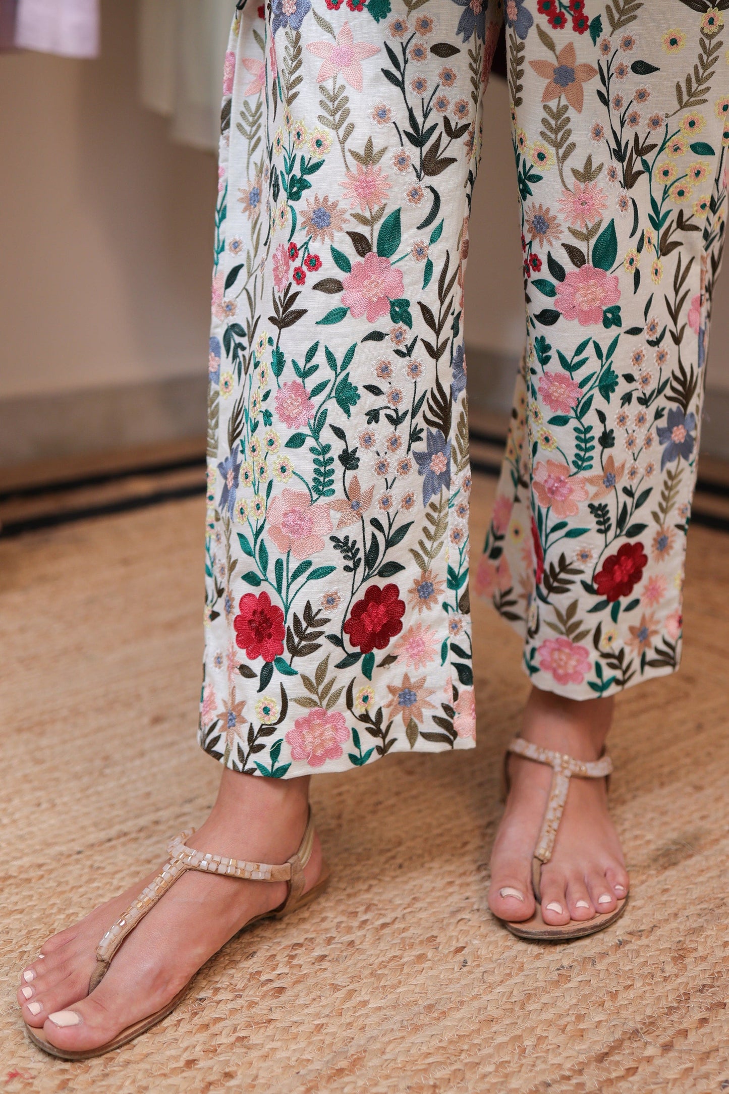 Linen heavy embroidered pants with short shirt