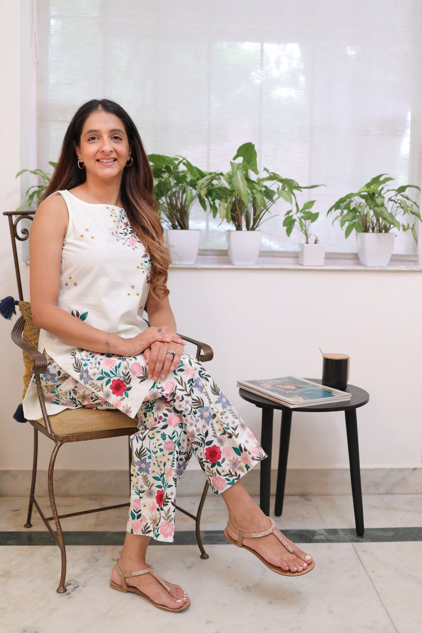 Linen heavy embroidered pants with short shirt