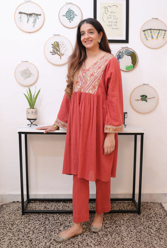 Rust Linen zari embroidered kurta and pants
