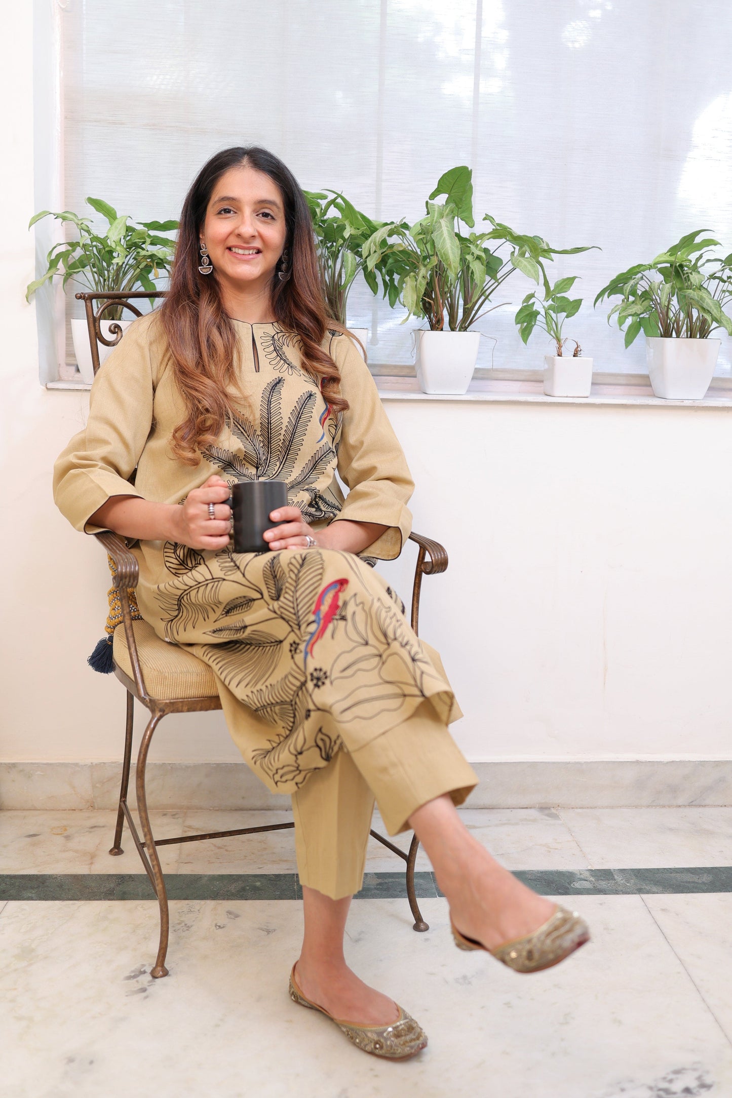 Beige heavy embroidered suit