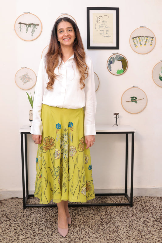 Green Organza skirt with white top