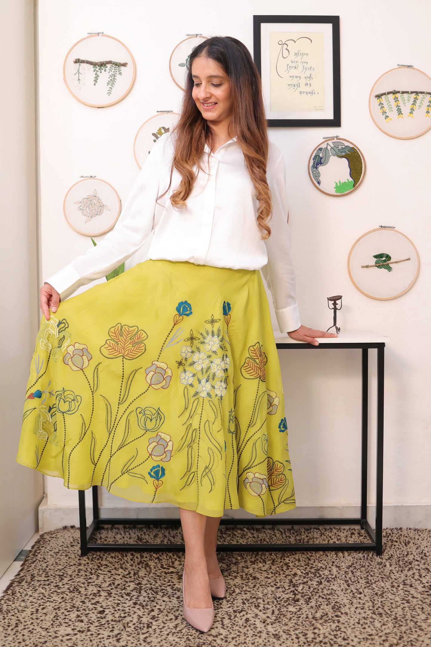 Green Organza skirt with white top