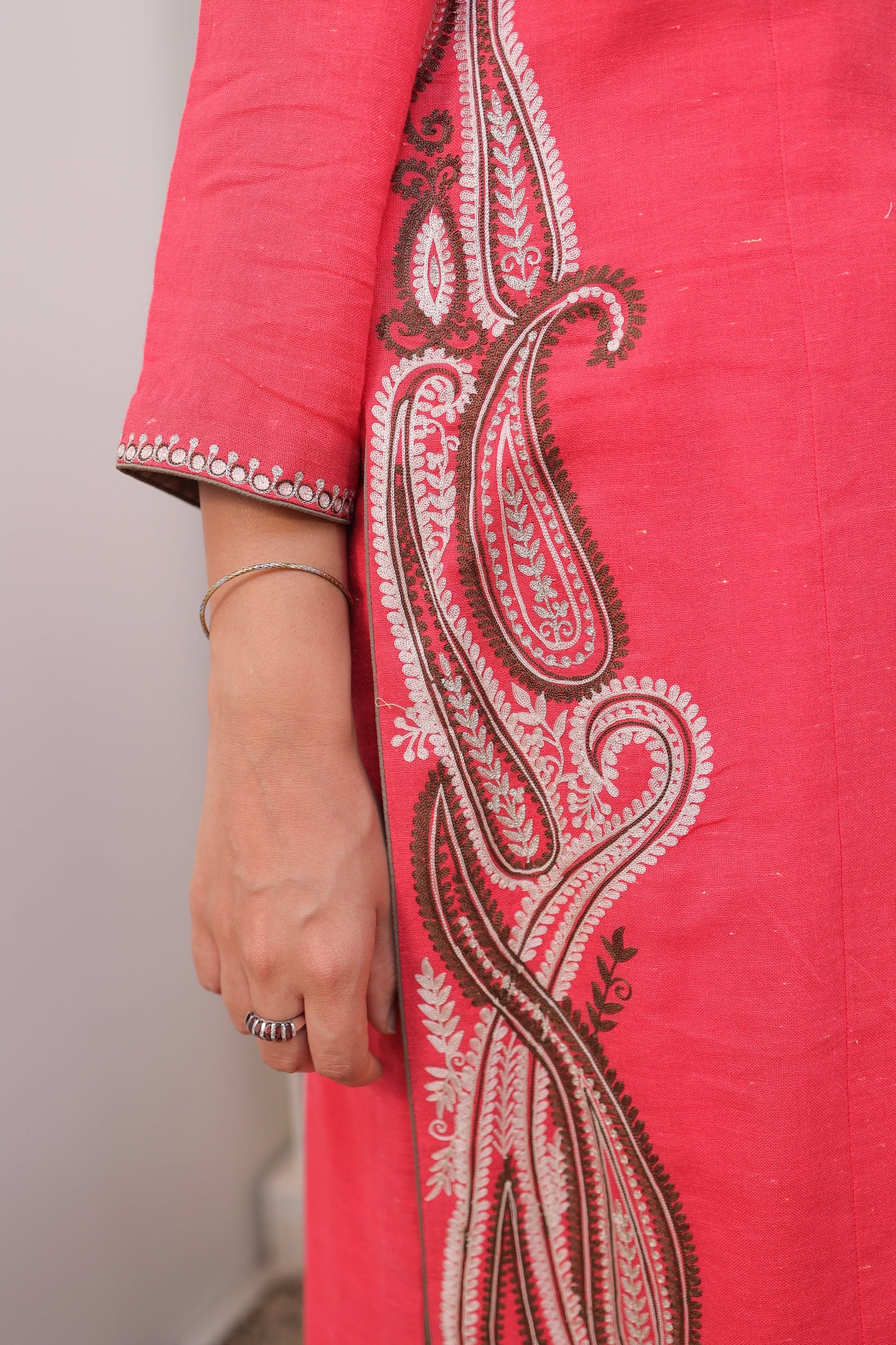 Hot pink linen Paisley Embroidered Suit