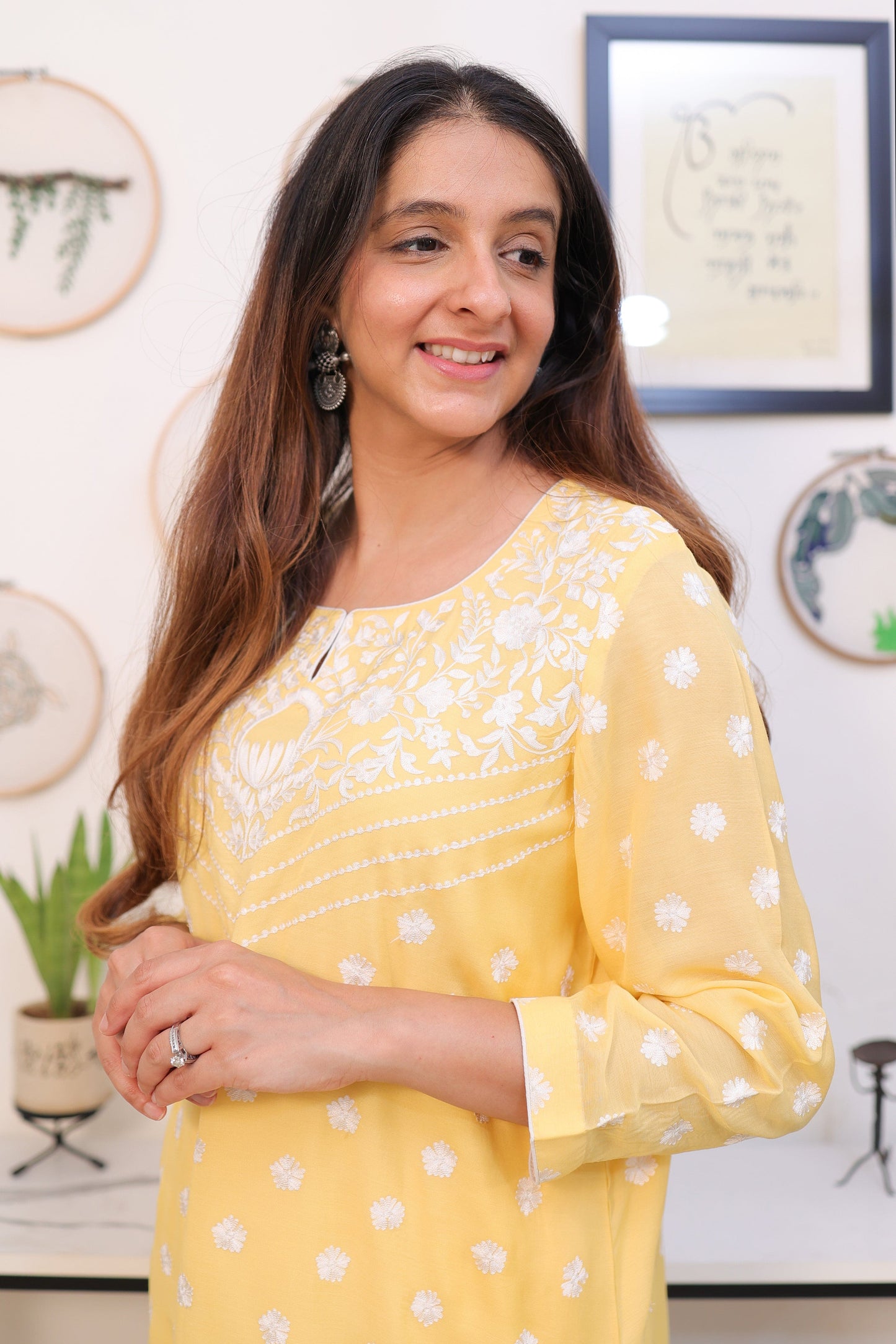 Yellow muslin suit with cream embroidery