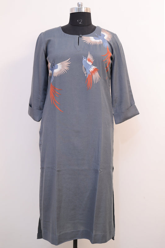 Grey linen Bird embroidered suit