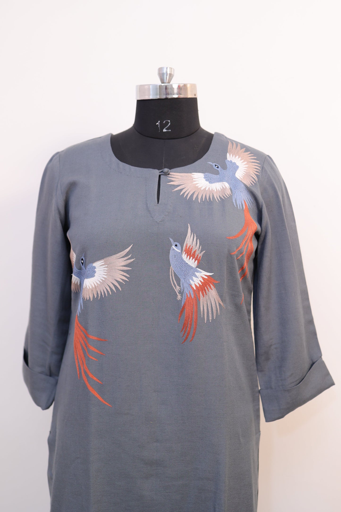Grey linen Bird embroidered suit