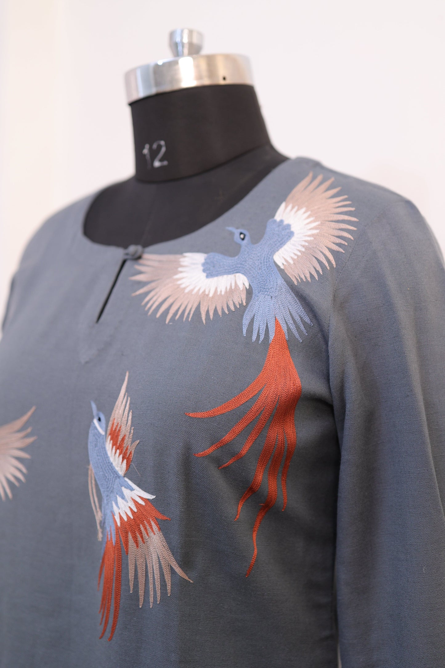 Grey linen Bird embroidered suit