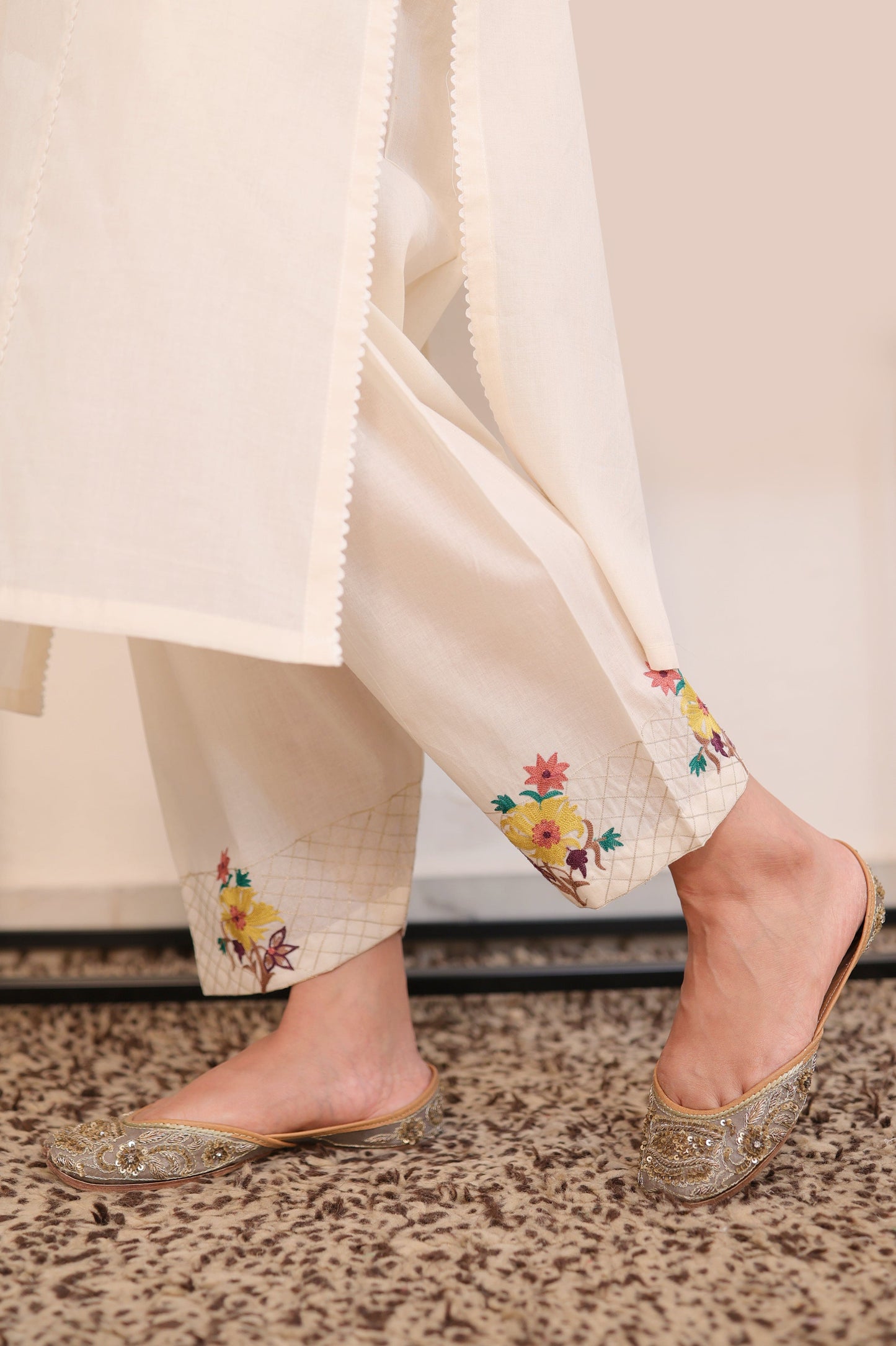 White multicoloured floral motif kurta and salwar