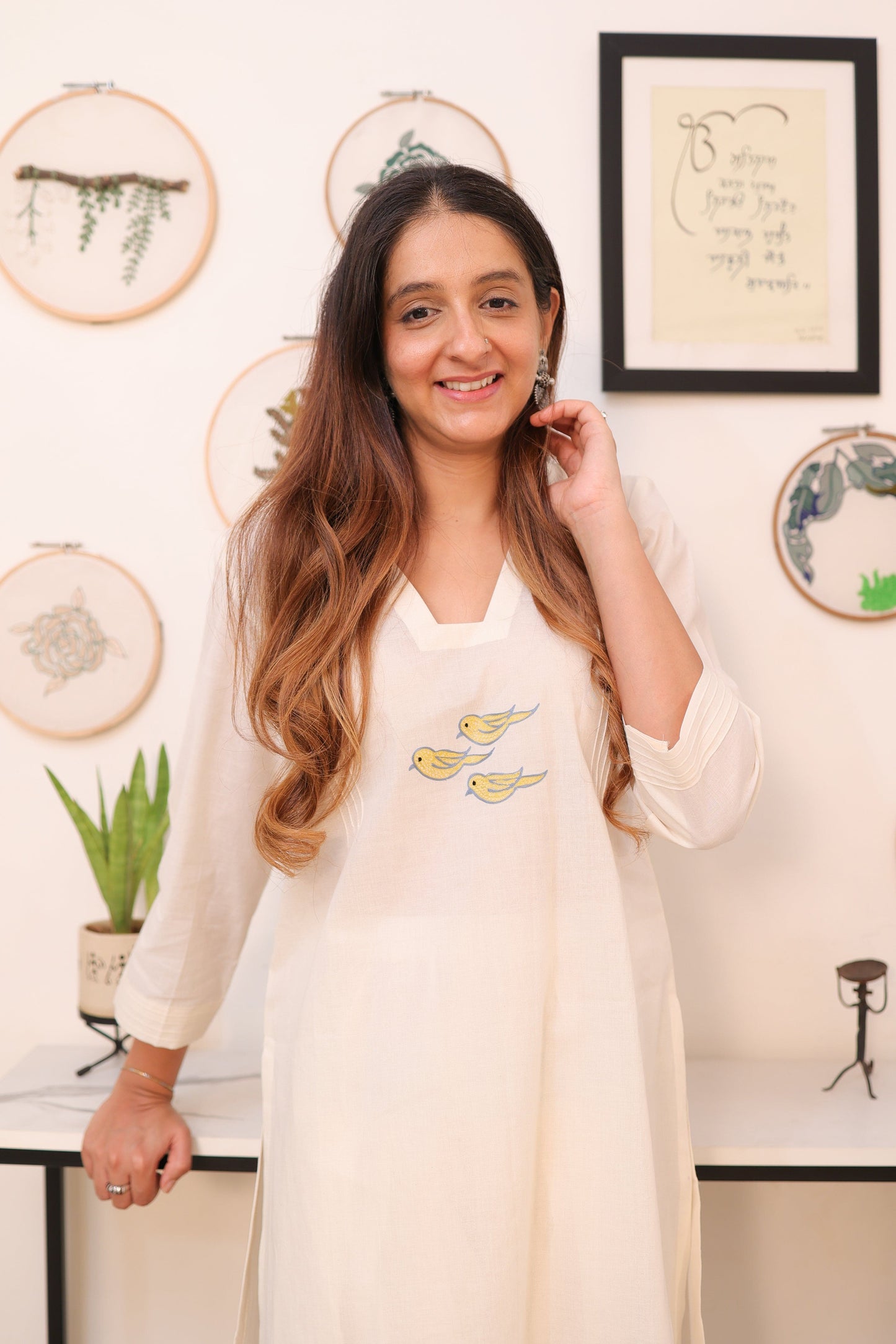 Off White Trio bird embroidery kurta and salwar