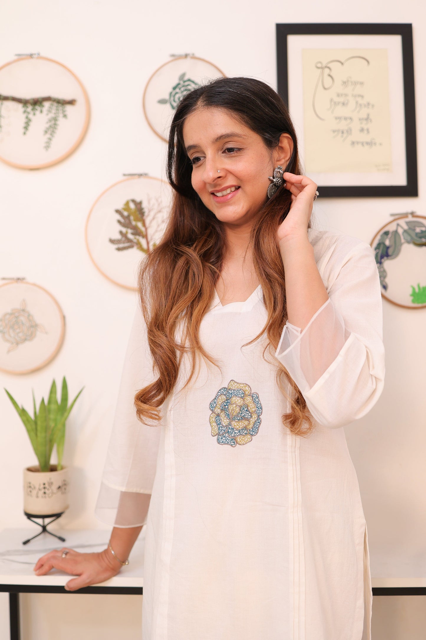 Floral motif embroidered offwhite suit