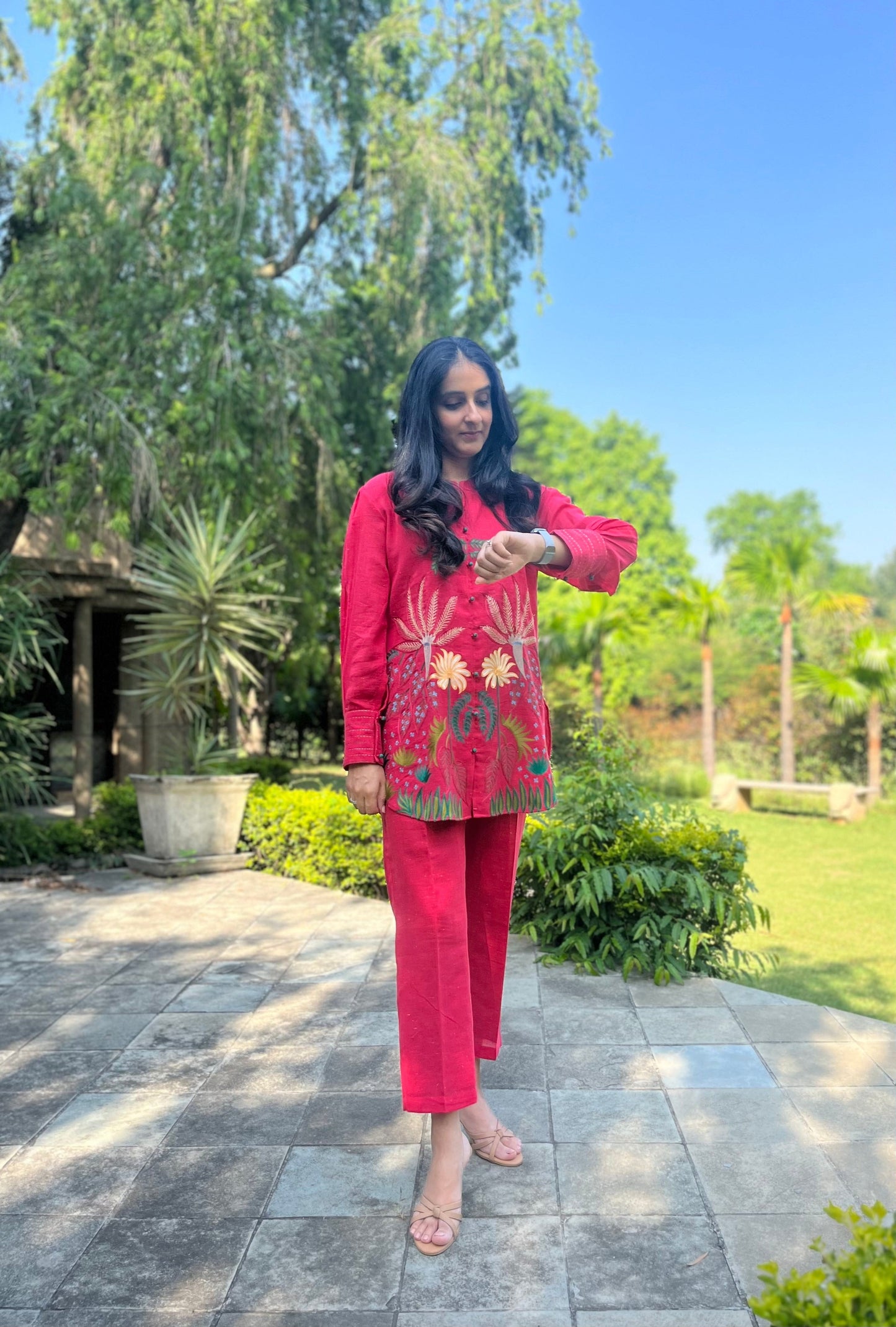Hot Pink Linen Co Ords Aari Embroidery