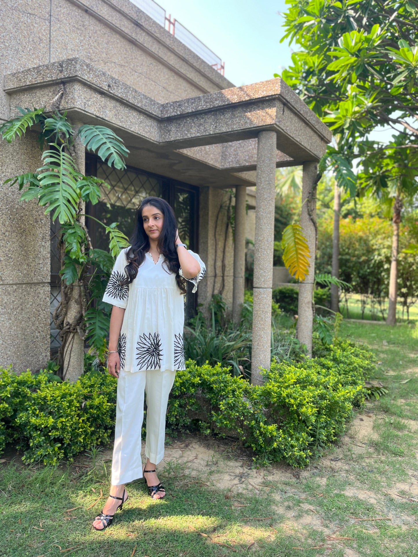 Off White Modal Cotton Co Ords Aari and Sequins Embroidery