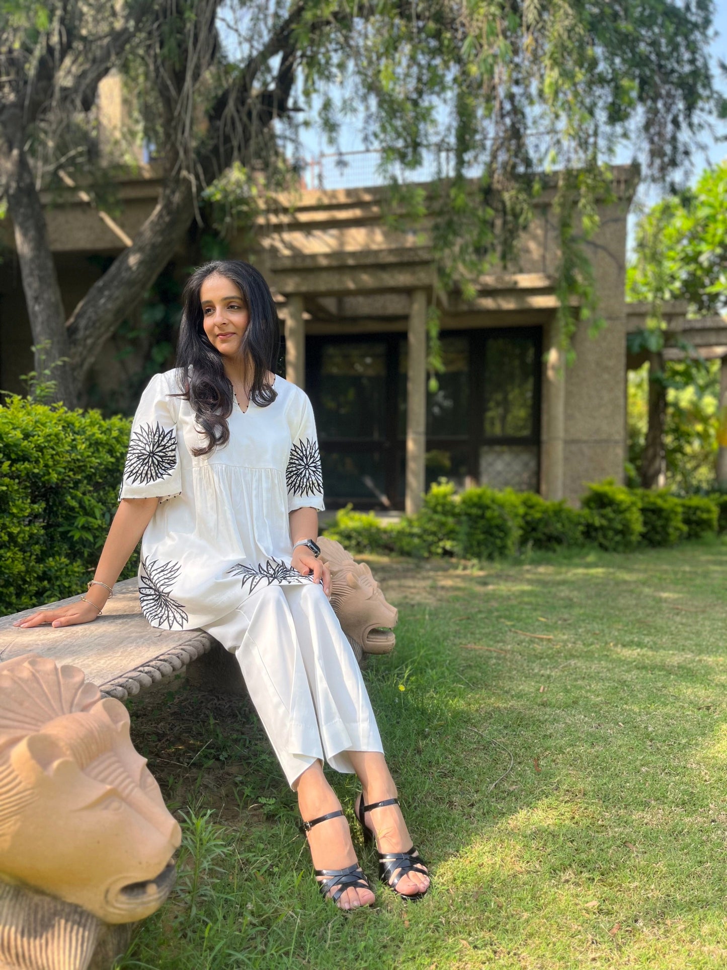 Off White Modal Cotton Co Ords Aari and Sequins Embroidery