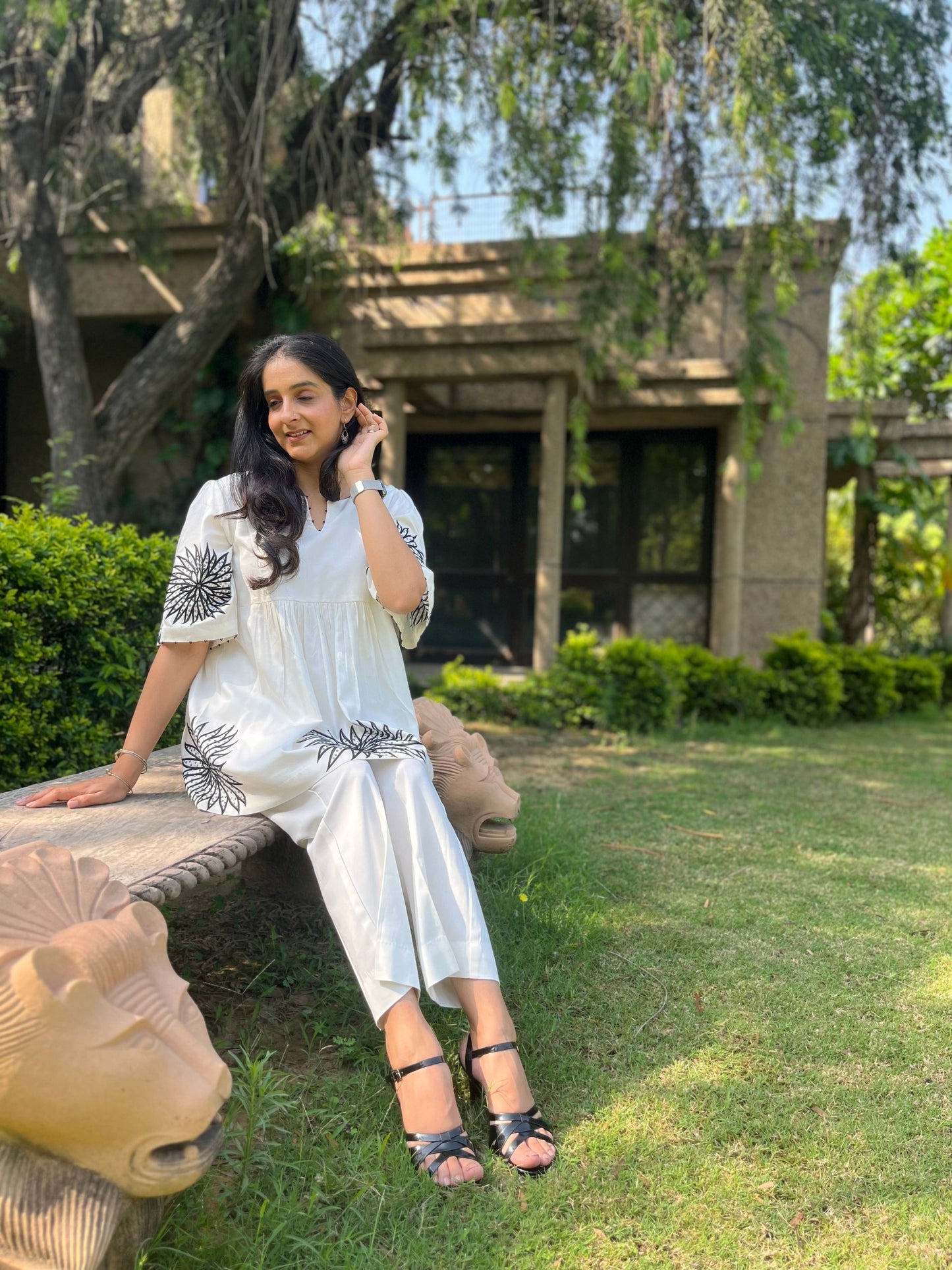 Off White Modal Cotton Co Ords Aari and Sequins Embroidery