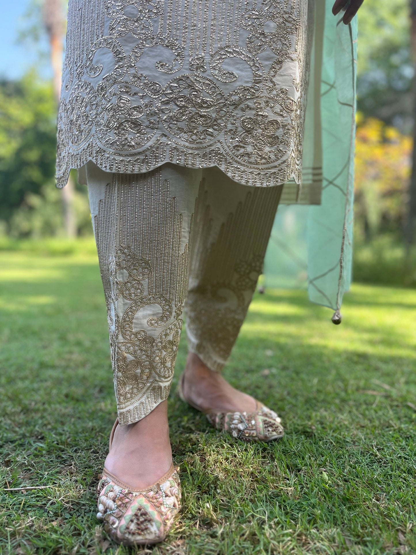 Gotta Embroidered Suit in cotton with mint dupatta