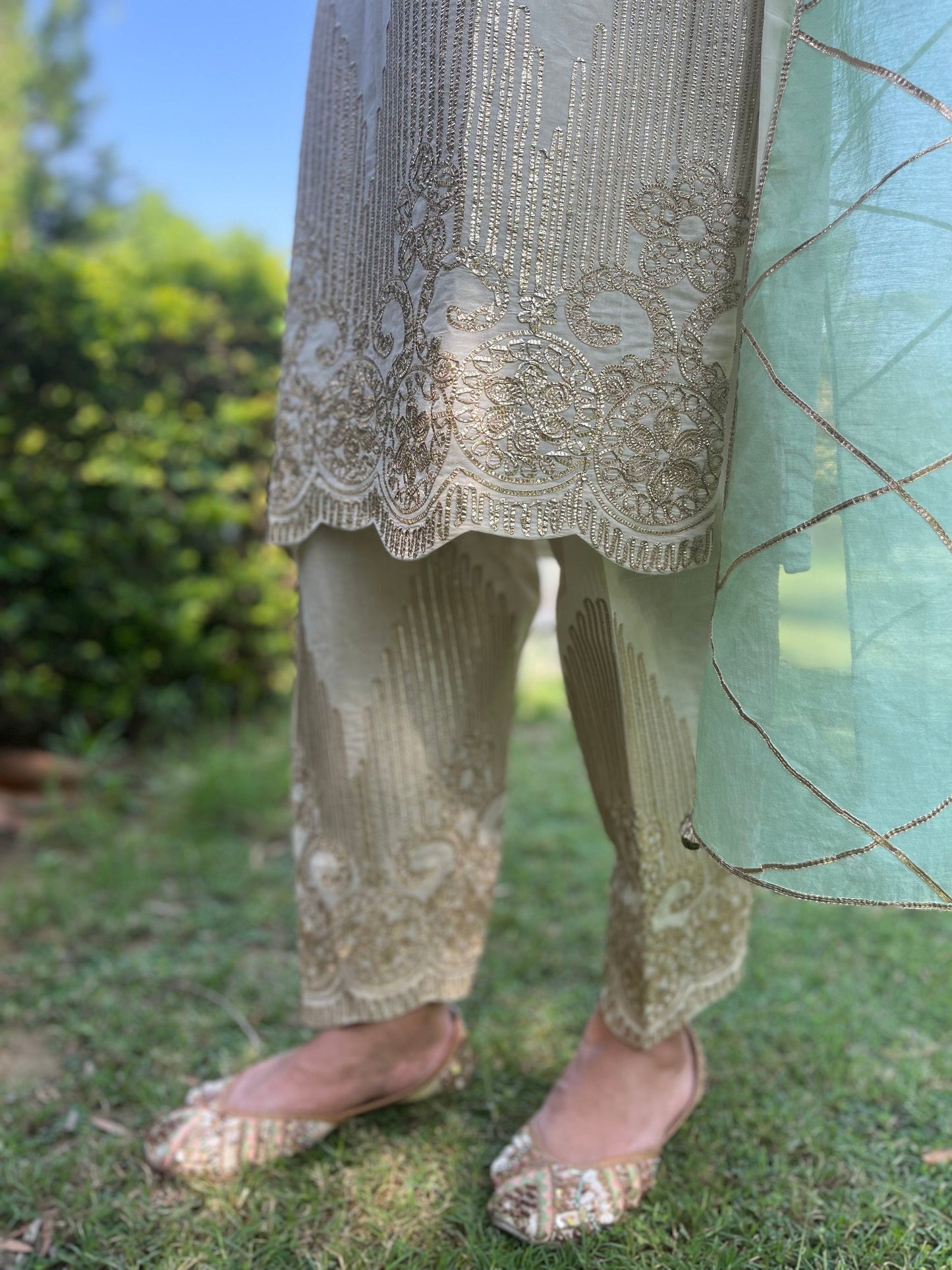 Gotta Embroidered Suit in cotton with mint dupatta