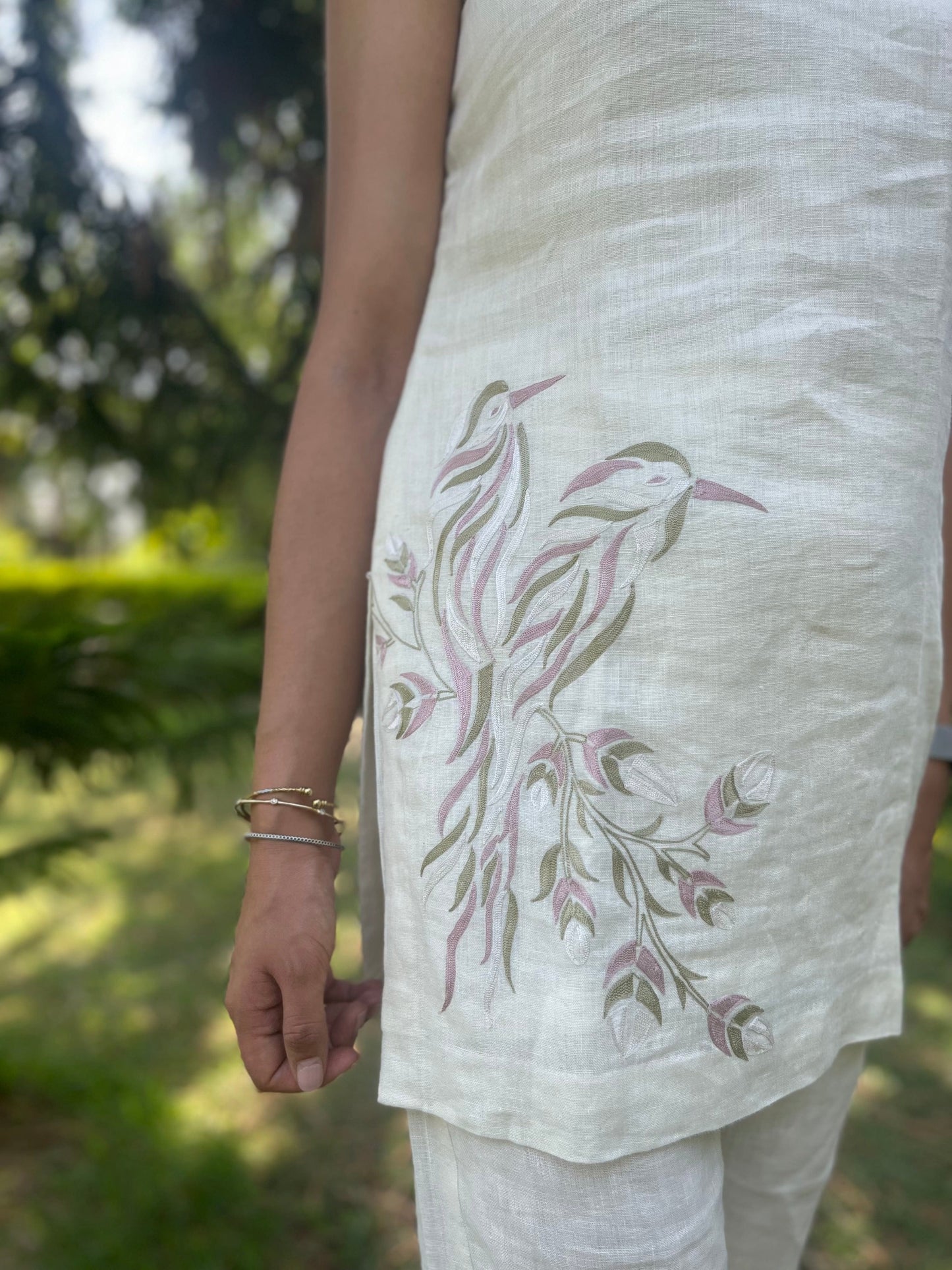 Cream Cotton Linen Co Ords with Bird Embroidery motif