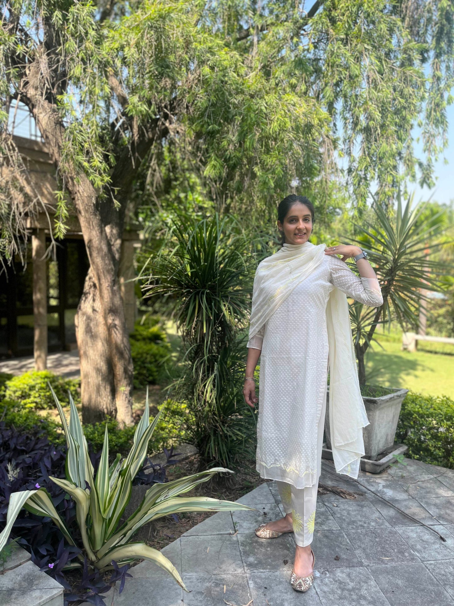 Cotton Jacquard Suit with Beads Embroidery